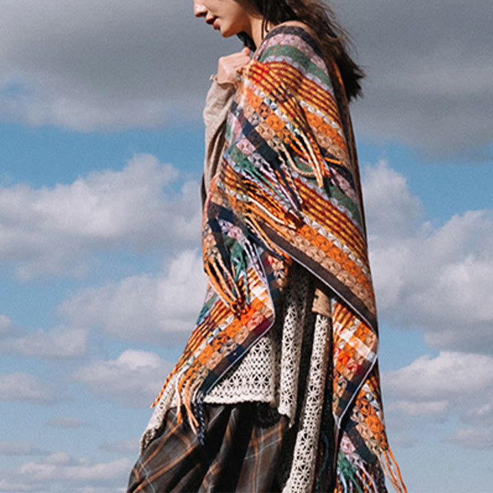 BWOOOH Tibetan Colorful Stripe Geometry Tassels Shawl Fal