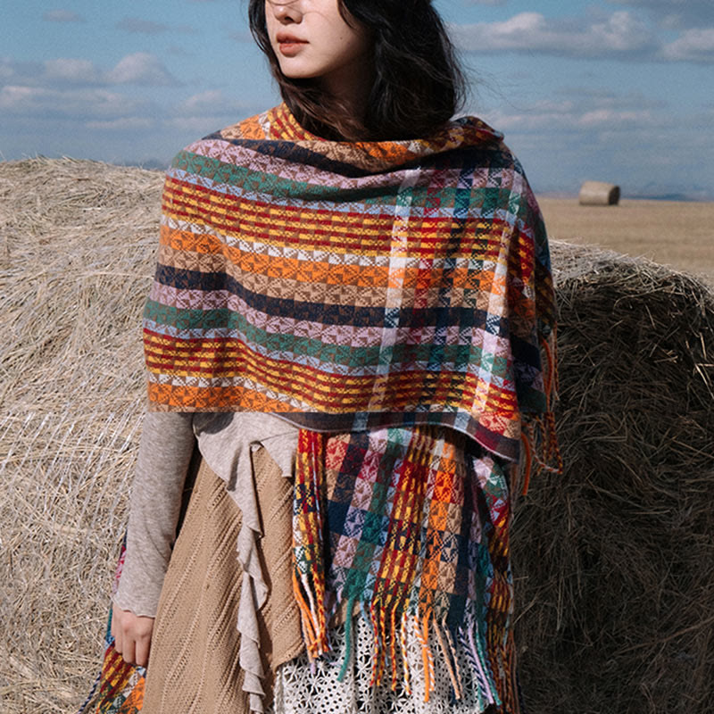 BWOOOH Tibetan Colorful Stripe Geometry Tassels Shawl Fal
