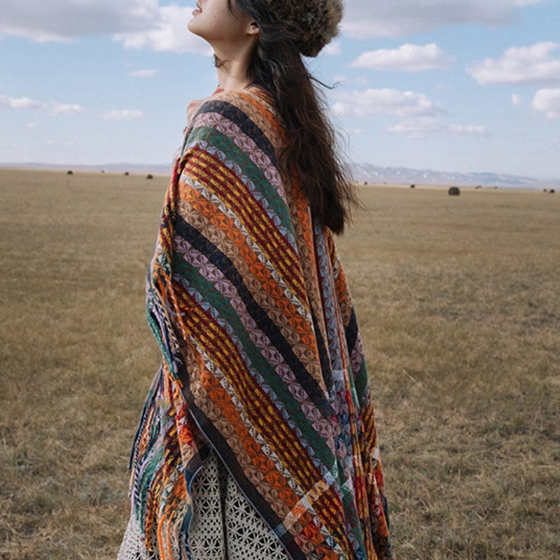 BWOOOH Tibetan Colorful Stripe Geometry Tassels Shawl Fal