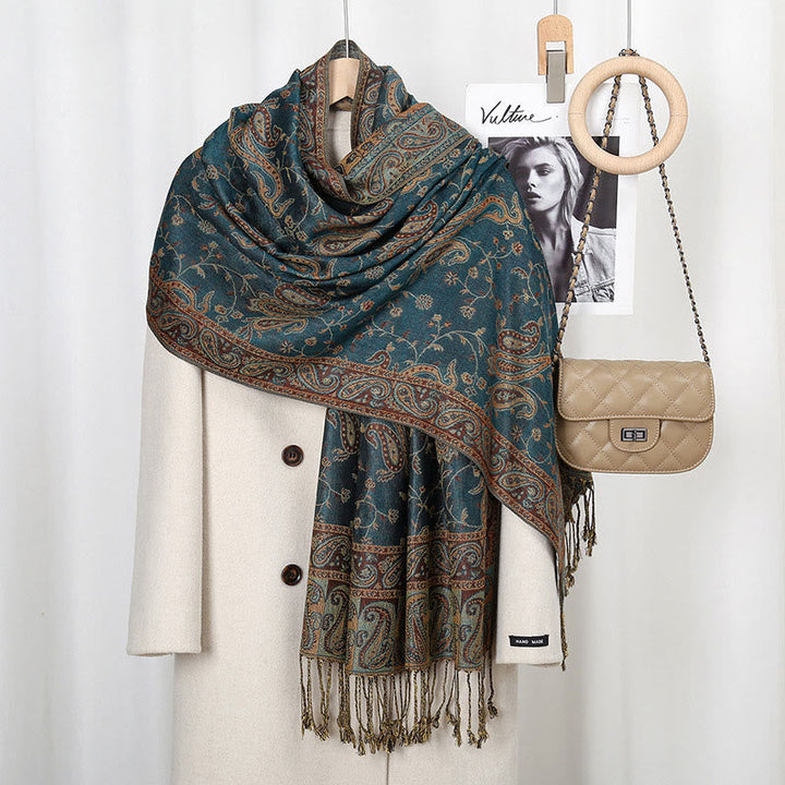 BWOOOH Tibetan Cashew Flower Vine Print Tassels Shawl Fal