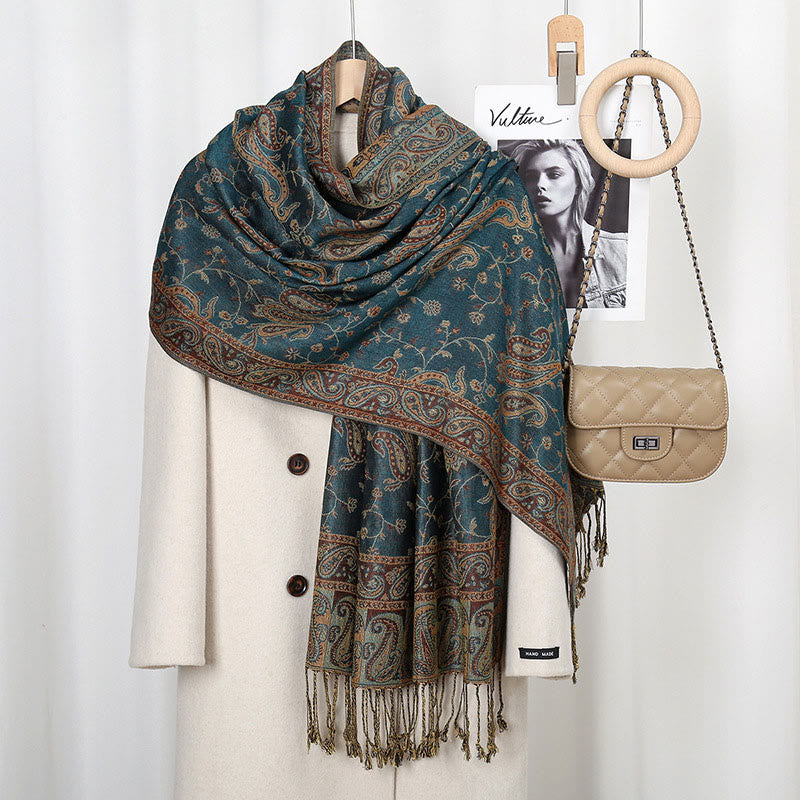 BWOOOH Tibetan Cashew Flower Vine Print Tassels Shawl Fal