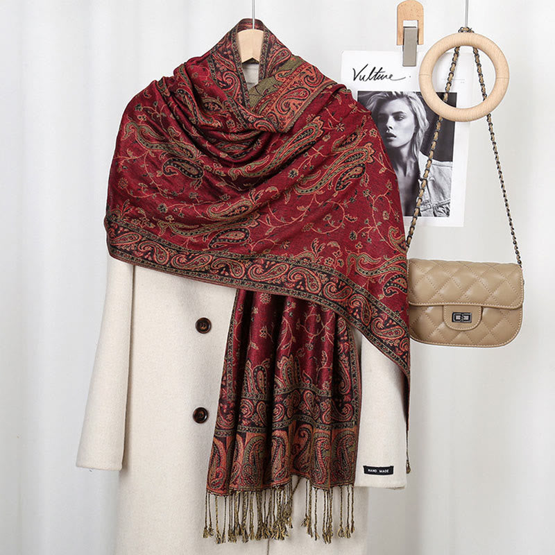 BWOOOH Tibetan Cashew Flower Vine Print Tassels Shawl Fal