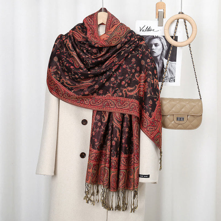BWOOOH Tibetan Cashew Flower Vine Print Tassels Shawl Fal