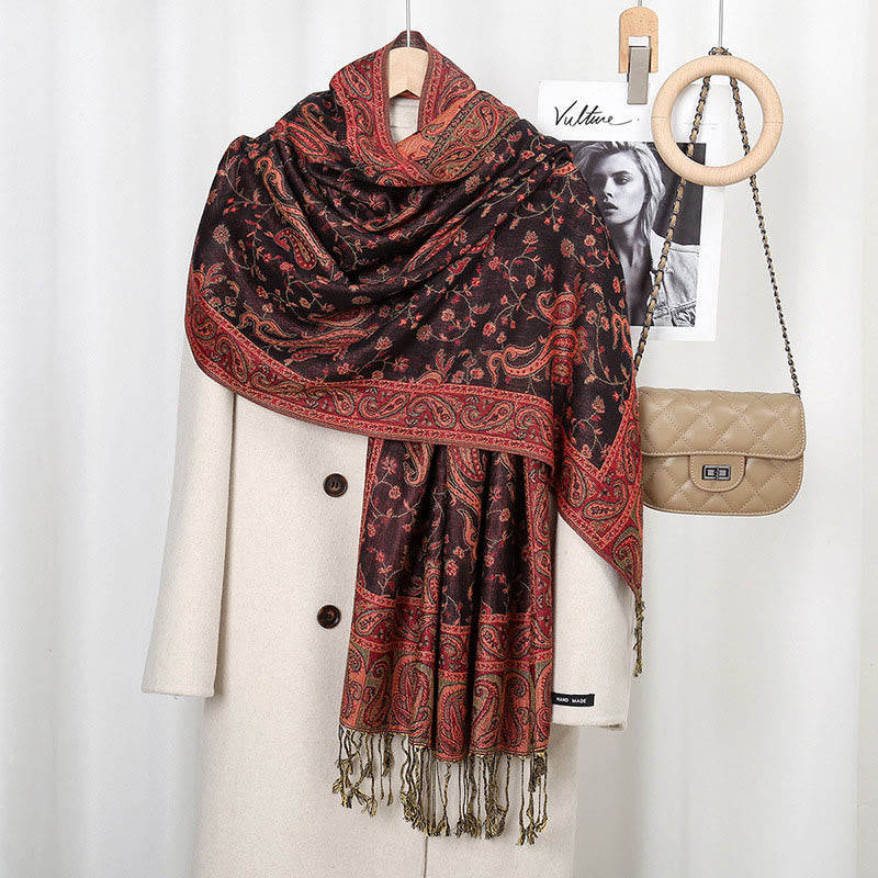 BWOOOH Tibetan Cashew Flower Vine Print Tassels Shawl Fal