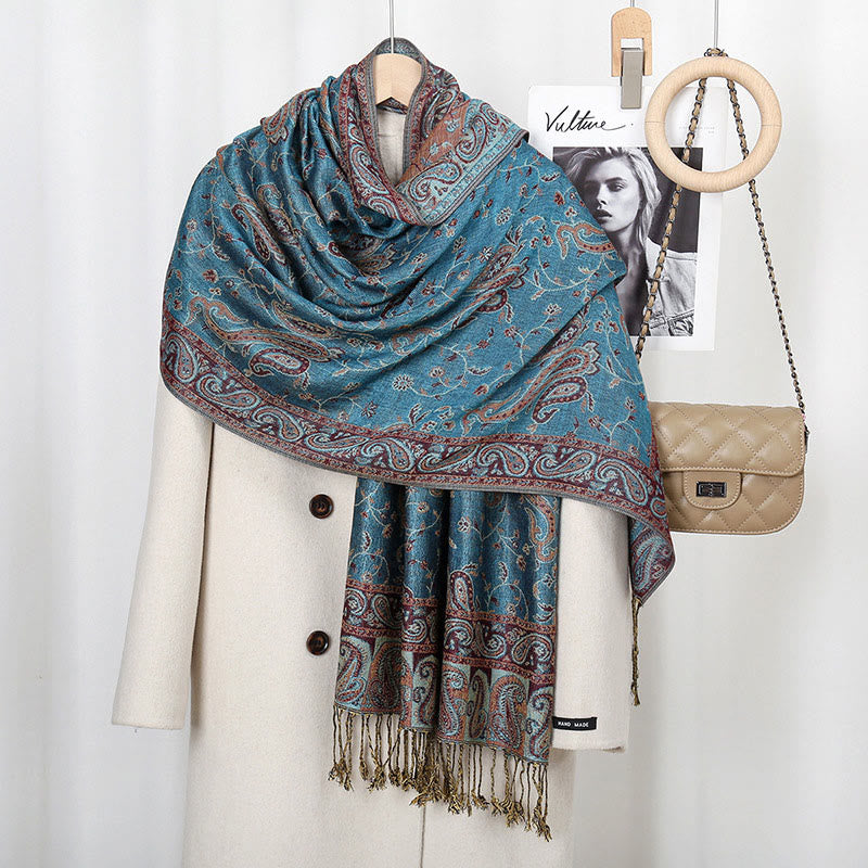 BWOOOH Tibetan Cashew Flower Vine Print Tassels Shawl Fal