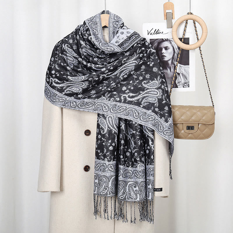 BWOOOH Tibetan Cashew Flower Vine Print Tassels Shawl Fal