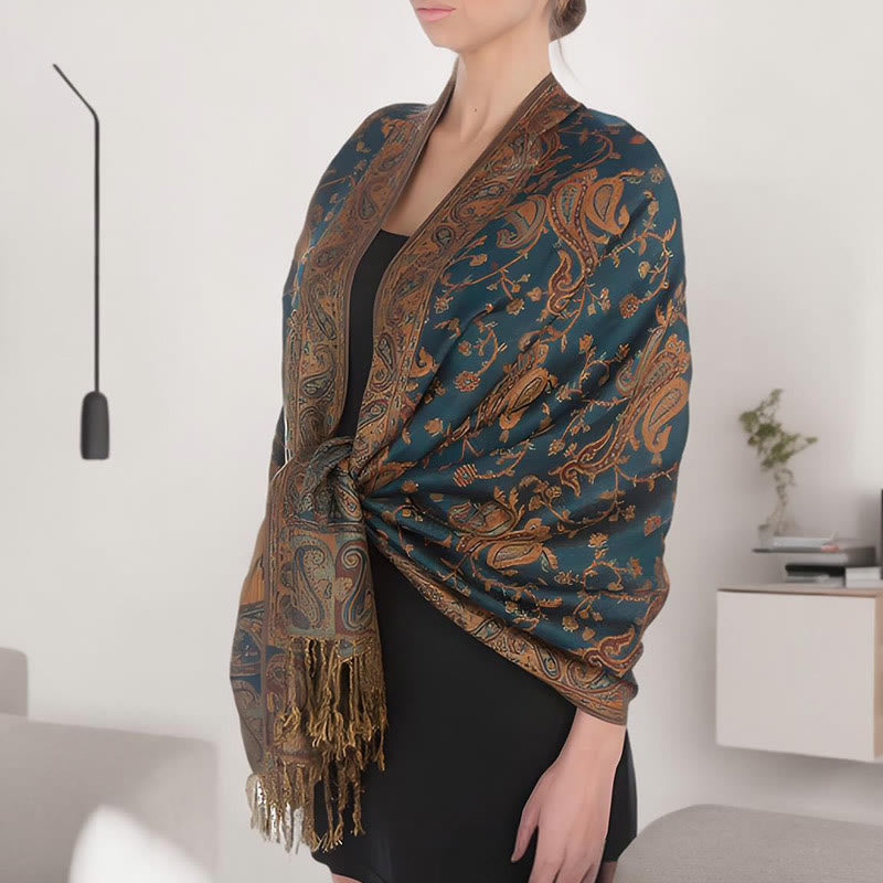 BWOOOH Tibetan Cashew Flower Vine Print Tassels Shawl Fal