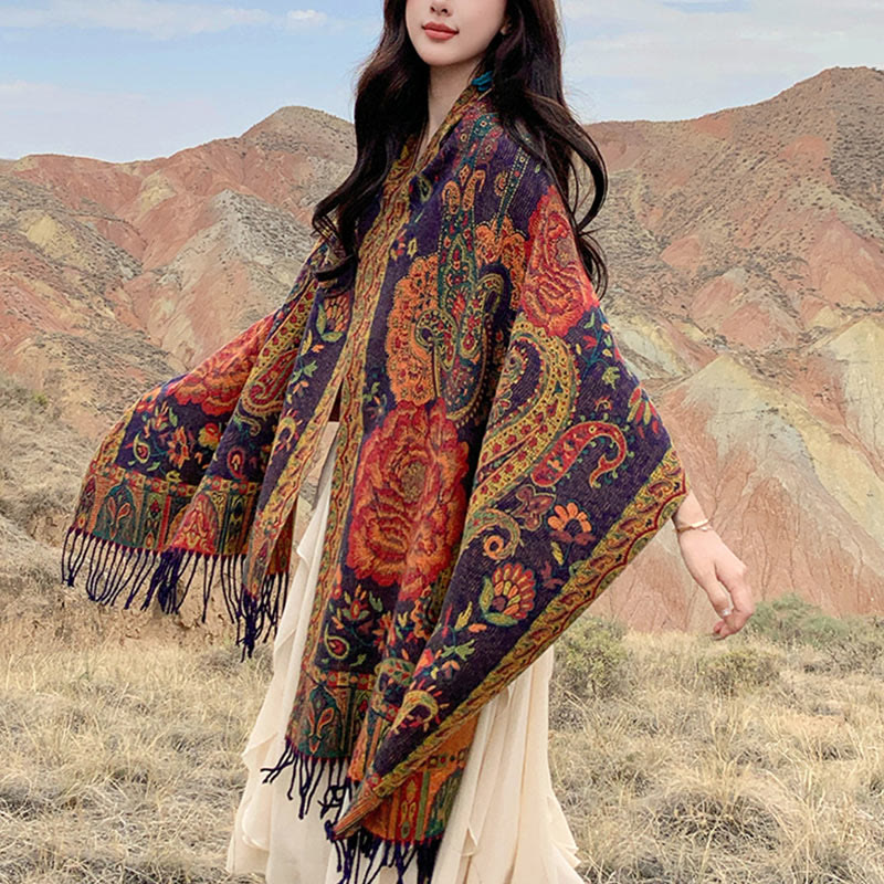 BWOOOH Tibetan Cashew Peony Flowers Vine Tassels Shawl Fa