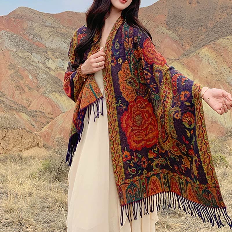 BWOOOH Tibetan Cashew Peony Flowers Vine Tassels Shawl Fa