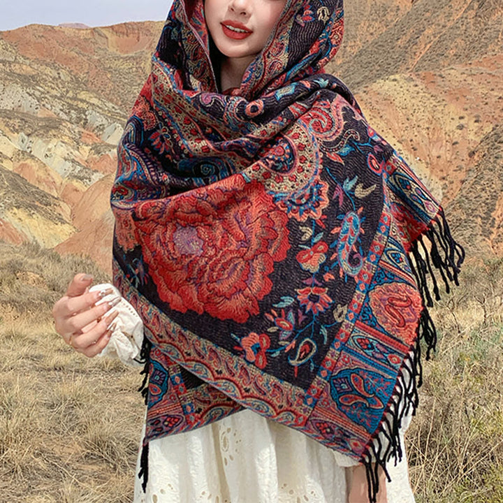 BWOOOH Tibetan Cashew Peony Flowers Vine Tassels Shawl Fa