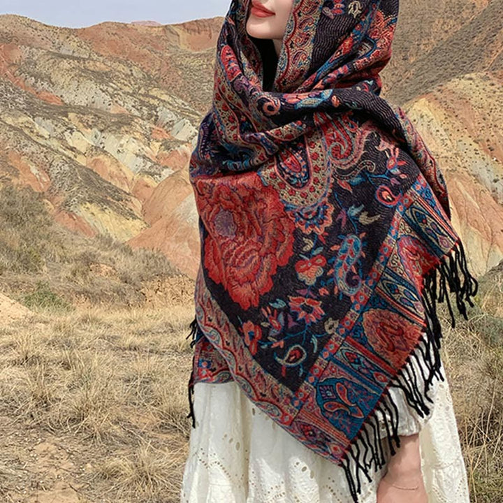 BWOOOH Tibetan Cashew Peony Flowers Vine Tassels Shawl Fa