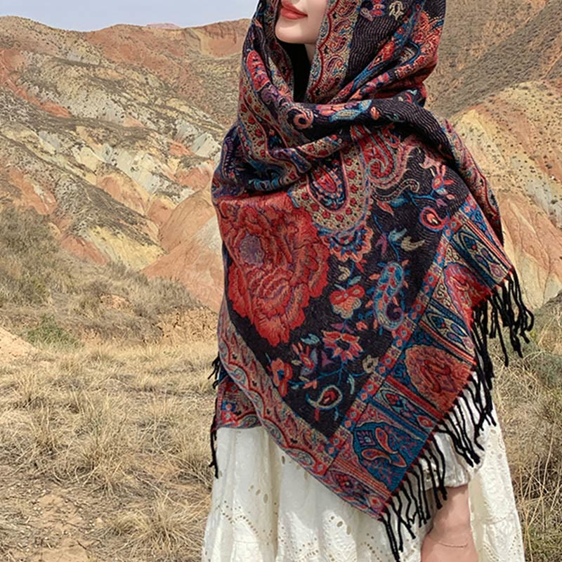 BWOOOH Tibetan Cashew Peony Flowers Vine Tassels Shawl Fa