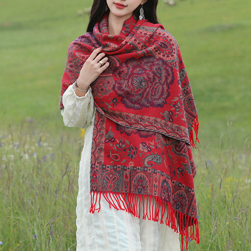 BWOOOH Tibetan Cashew Peony Flowers Vine Tassels Shawl Fa