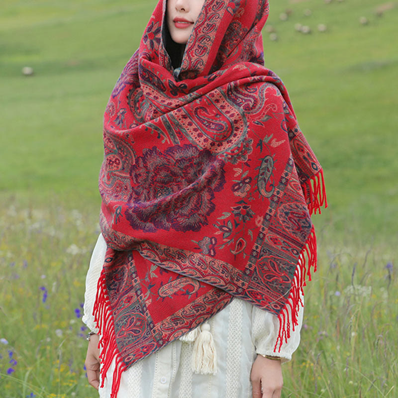 BWOOOH Tibetan Cashew Peony Flowers Vine Tassels Shawl Fa