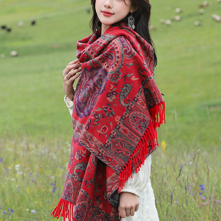 BWOOOH Tibetan Cashew Peony Flowers Vine Tassels Shawl Fa