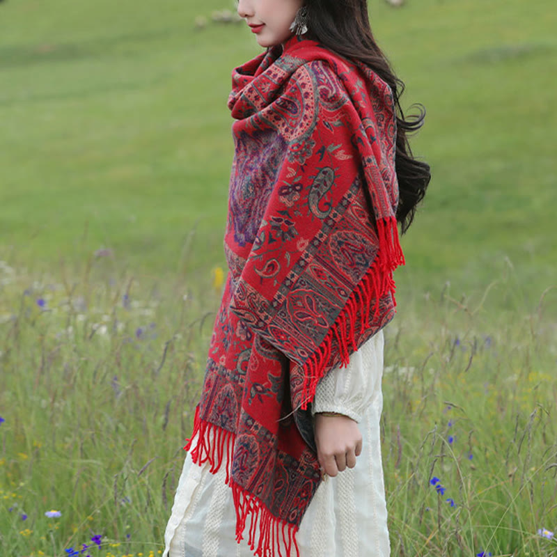 BWOOOH Tibetan Cashew Peony Flowers Vine Tassels Shawl Fa