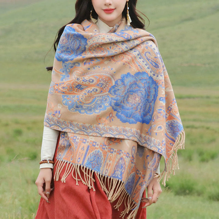 BWOOOH Tibetan Cashew Peony Flowers Vine Tassels Shawl Fa