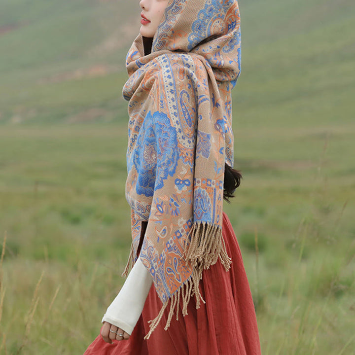 BWOOOH Tibetan Cashew Peony Flowers Vine Tassels Shawl Fa