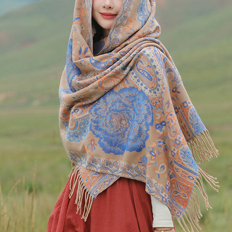 BWOOOH Tibetan Cashew Peony Flowers Vine Tassels Shawl Fa