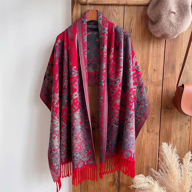 BWOOOH Tibetan Cashew Flowers Vine Pattern Tassels Shawl 