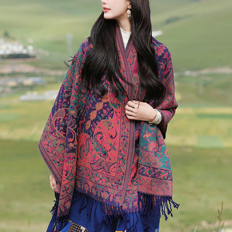 BWOOOH Tibetan Cashew Flowers Vine Pattern Tassels Shawl 