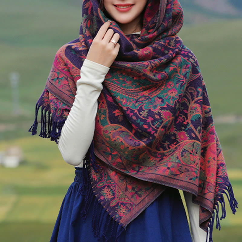 BWOOOH Tibetan Cashew Flowers Vine Pattern Tassels Shawl 
