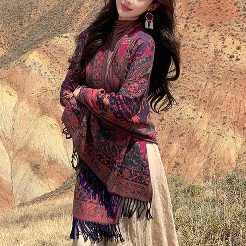 BWOOOH Tibetan Cashew Flowers Vine Pattern Tassels Shawl 