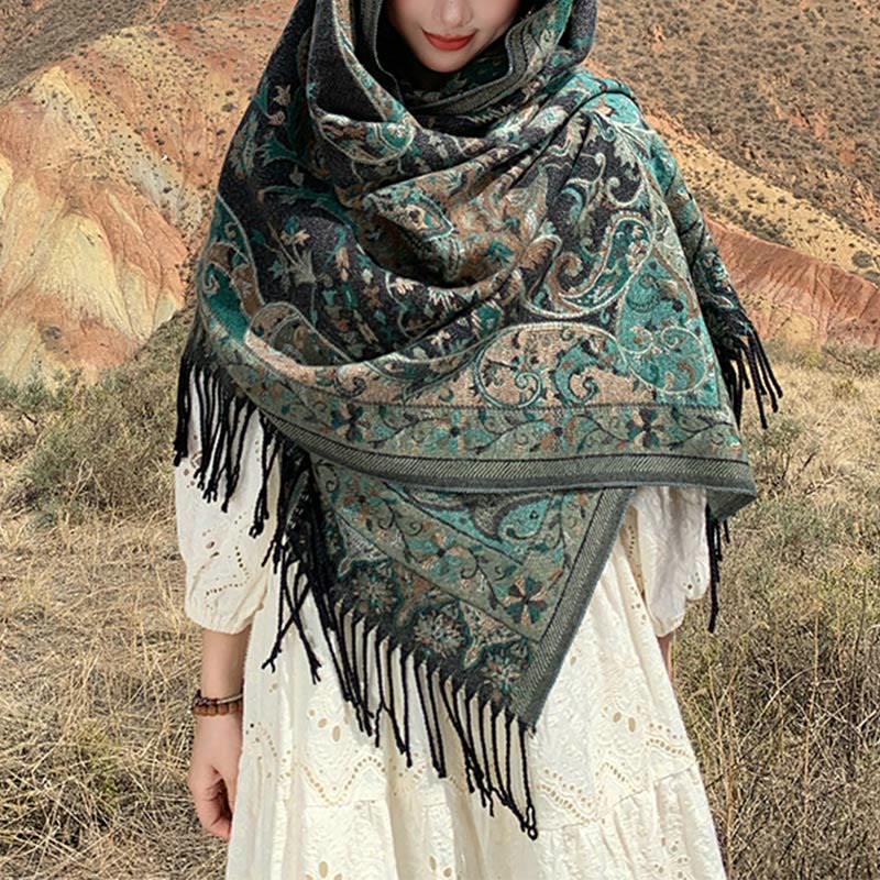 BWOOOH Tibetan Cashew Flowers Vine Pattern Tassels Shawl 