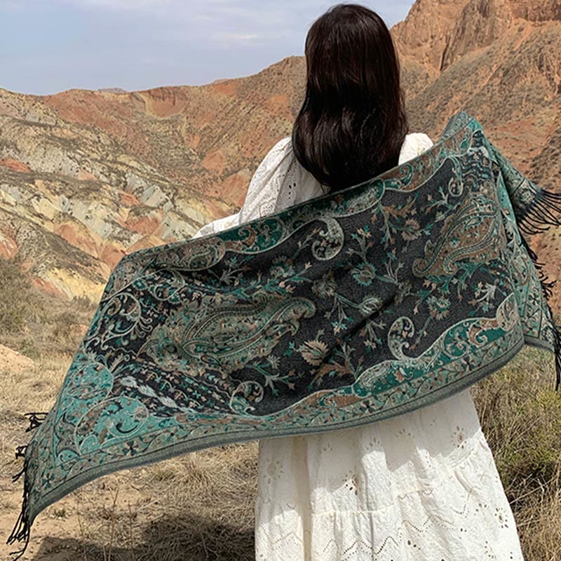 BWOOOH Tibetan Cashew Flowers Vine Pattern Tassels Shawl 