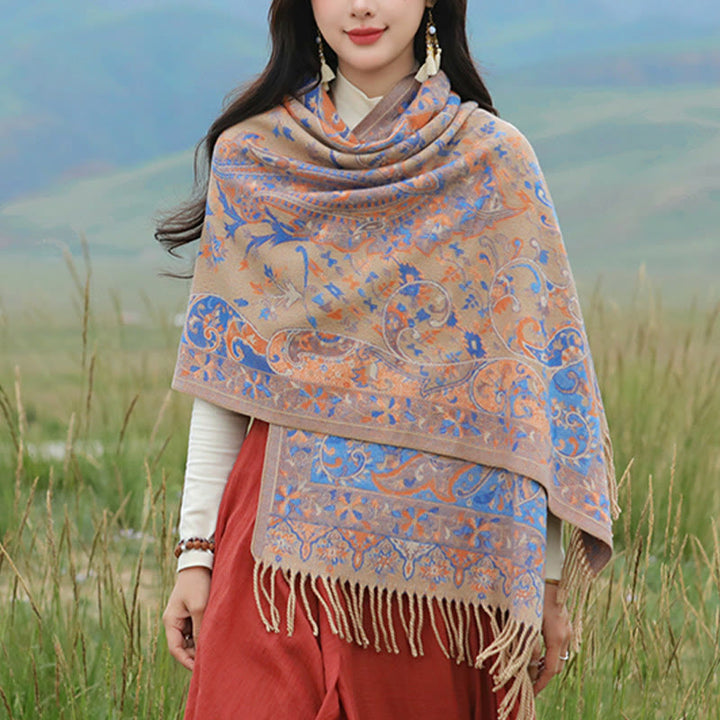 BWOOOH Tibetan Cashew Flowers Vine Pattern Tassels Shawl 