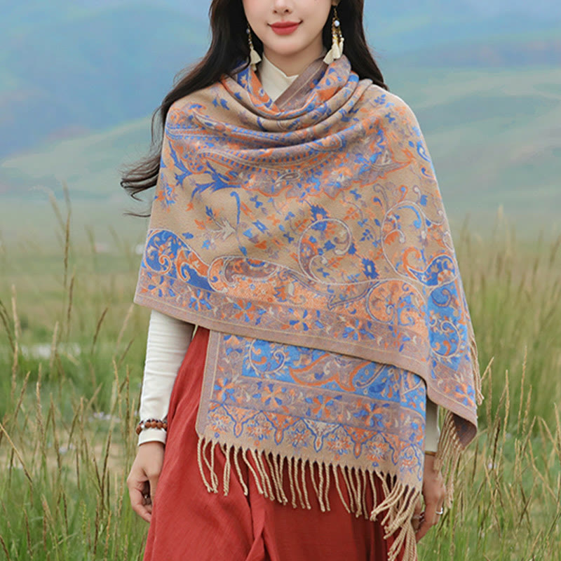 BWOOOH Tibetan Cashew Flowers Vine Pattern Tassels Shawl 