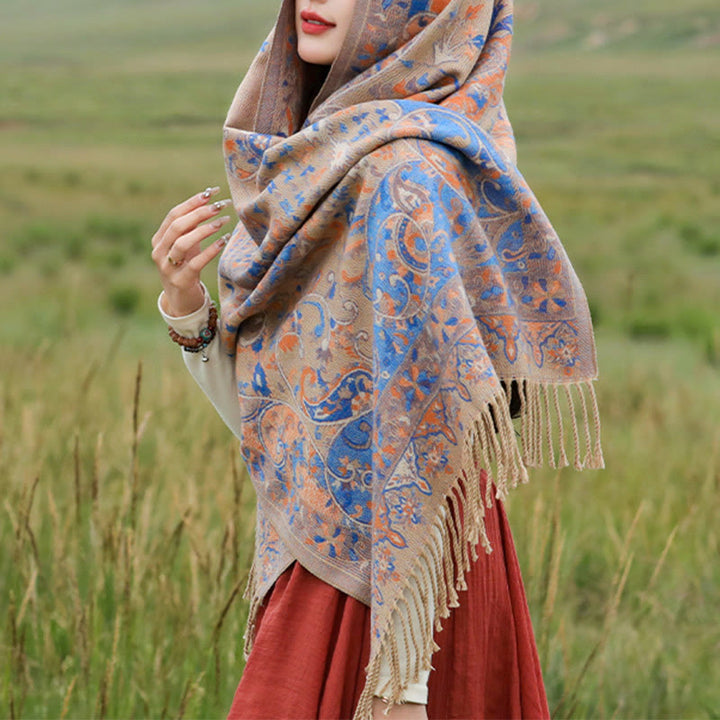 BWOOOH Tibetan Cashew Flowers Vine Pattern Tassels Shawl 