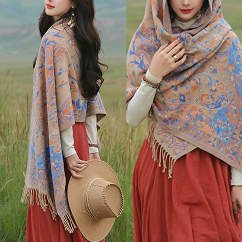 BWOOOH Tibetan Cashew Flowers Vine Pattern Tassels Shawl 