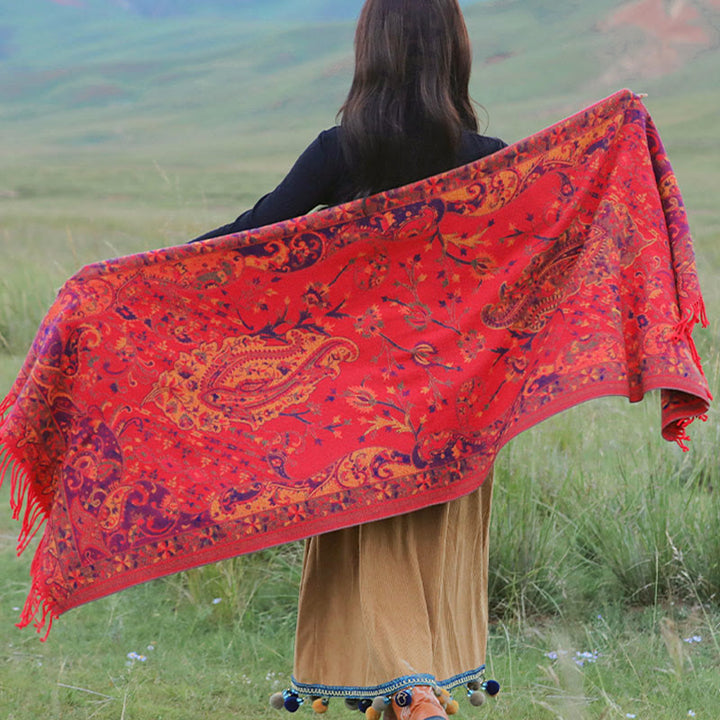 BWOOOH Tibetan Cashew Flowers Vine Pattern Tassels Shawl 