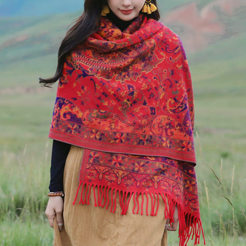 BWOOOH Tibetan Cashew Flowers Vine Pattern Tassels Shawl 
