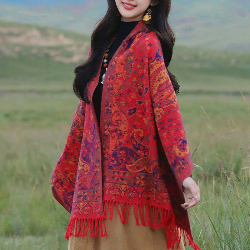 BWOOOH Tibetan Cashew Flowers Vine Pattern Tassels Shawl 