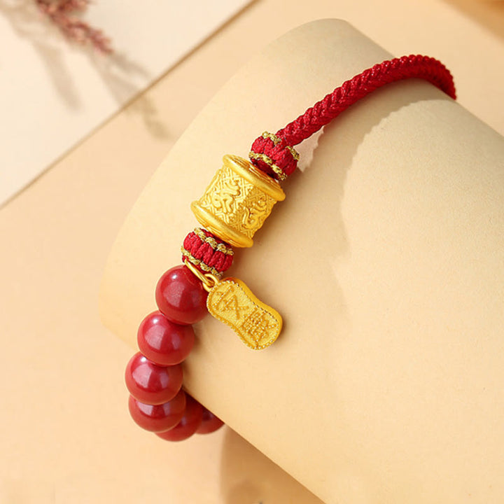 BWOOOH 999 Sterling Silver Six True Words Om Mani Padme Hum Cinnabar Blessing String Bracelet