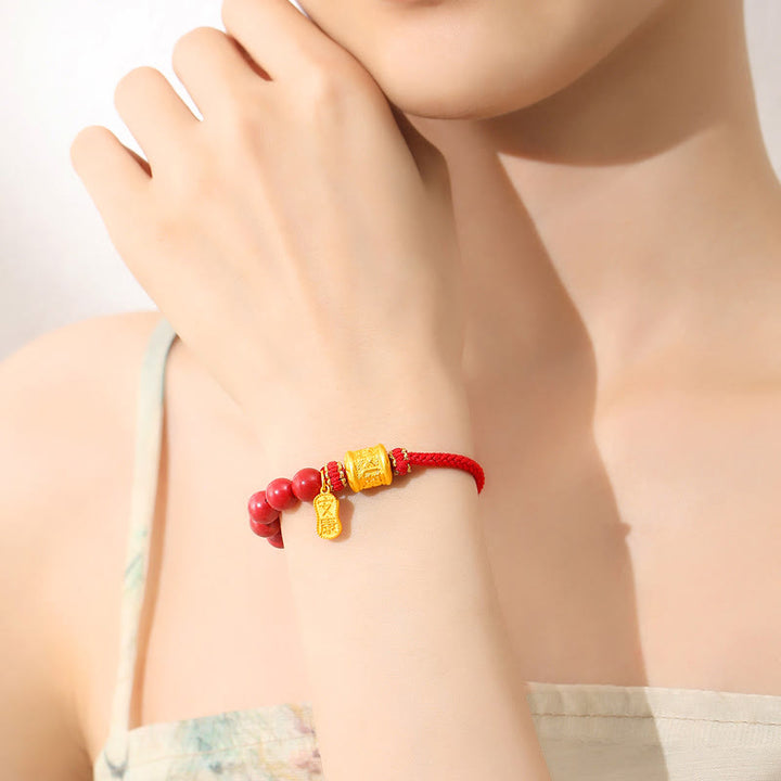 BWOOOH 999 Sterling Silver Six True Words Om Mani Padme Hum Cinnabar Blessing String Bracelet