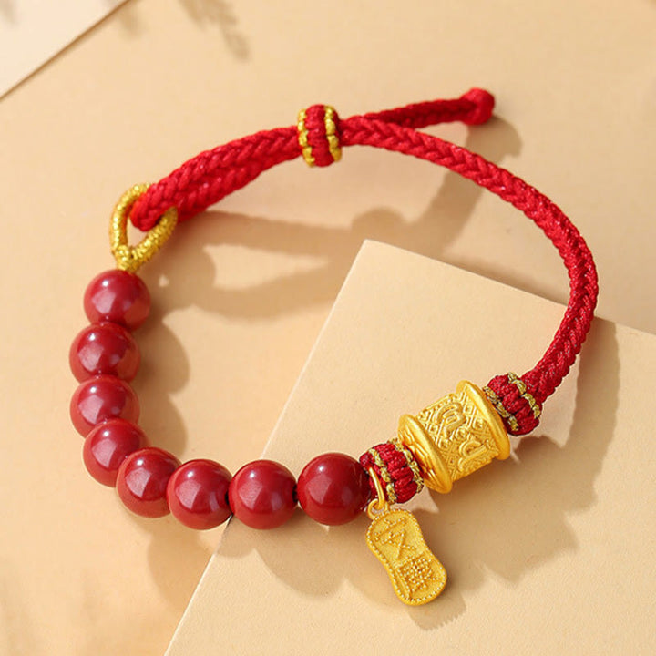 BWOOOH 999 Sterling Silver Six True Words Om Mani Padme Hum Cinnabar Blessing String Bracelet