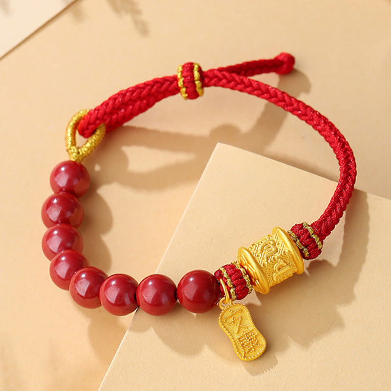 BWOOOH 999 Sterling Silver Six True Words Om Mani Padme Hum Cinnabar Blessing String Bracelet