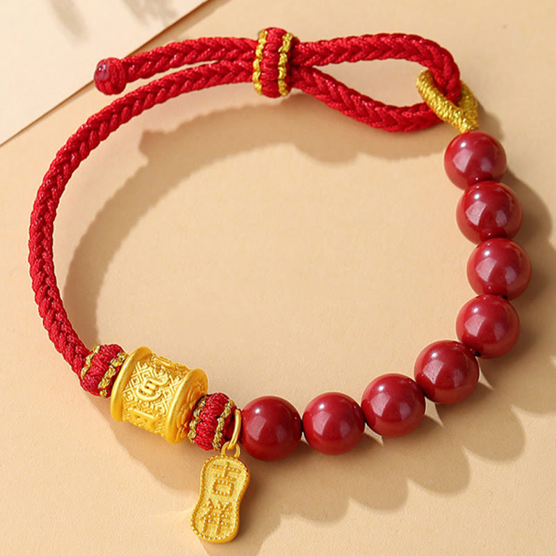 BWOOOH 999 Sterling Silver Six True Words Om Mani Padme Hum Cinnabar Blessing String Bracelet