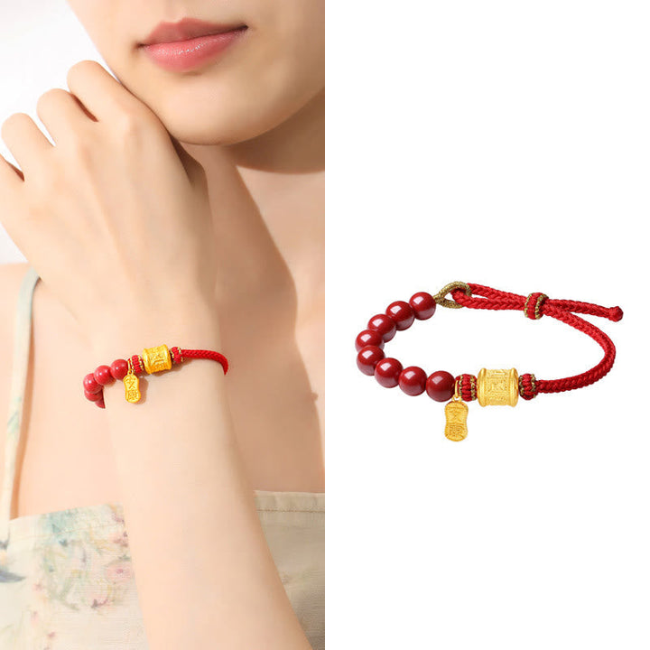 BWOOOH 999 Sterling Silver Six True Words Om Mani Padme Hum Cinnabar Blessing String Bracelet