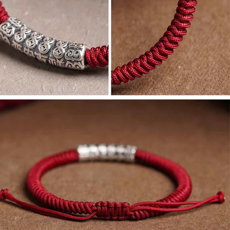 BWOOOH Handmade 999 Sterling Silver Peace and Good Fortune Om Mani Padme Hum Luck Rope Bracelet