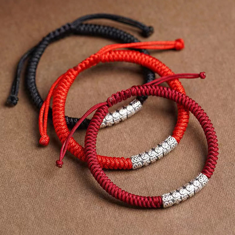 BWOOOH Handmade 999 Sterling Silver Peace and Good Fortune Om Mani Padme Hum Luck Rope Bracelet
