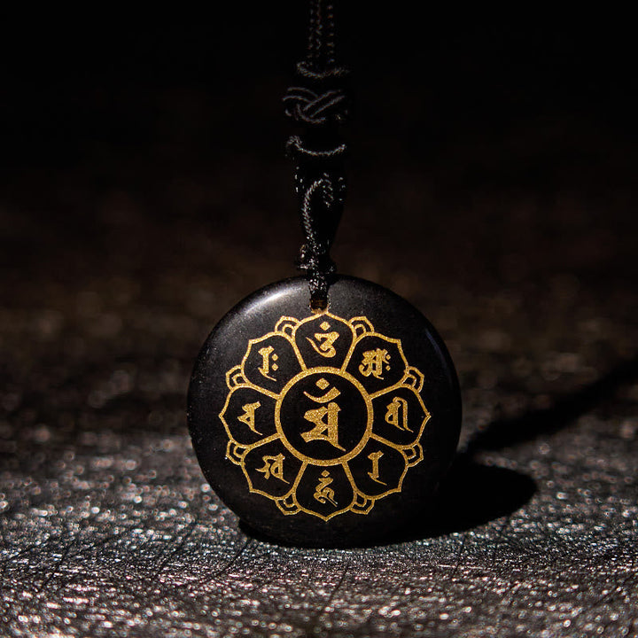 BWOOOH Om Mani Padme Hum natural crystal black obsidian strength necklace pendant