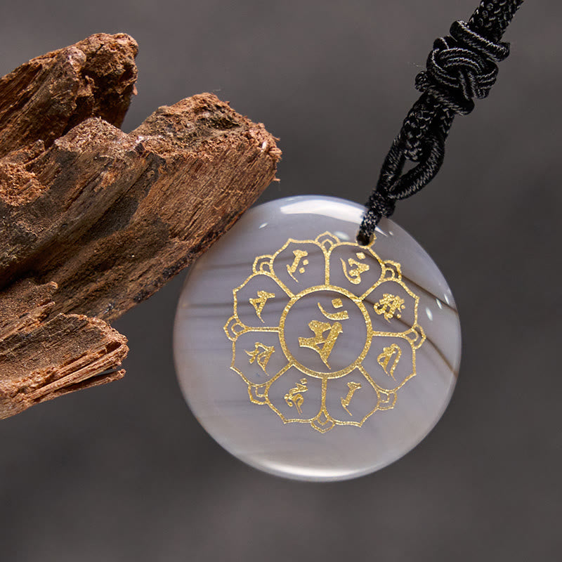BWOOOH Om Mani Padme Hum Natural Crystal Black Obsidian Strength Necklace Pendant