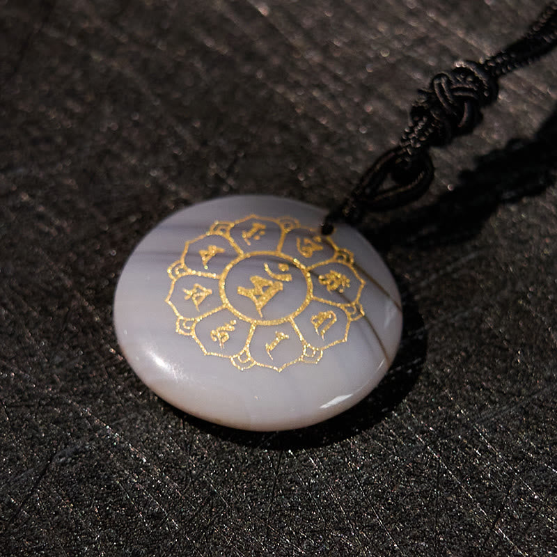 BWOOOH Om Mani Padme Hum Natural Crystal Black Obsidian Strength Necklace Pendant