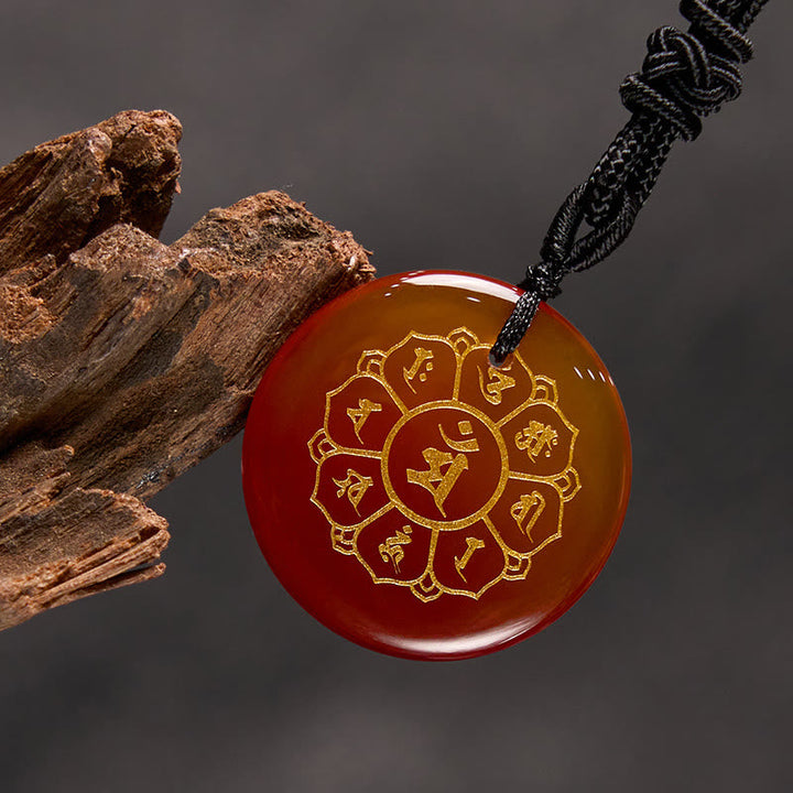 BWOOOH Om Mani Padme Hum Natural Crystal Black Obsidian Strength Necklace Pendant