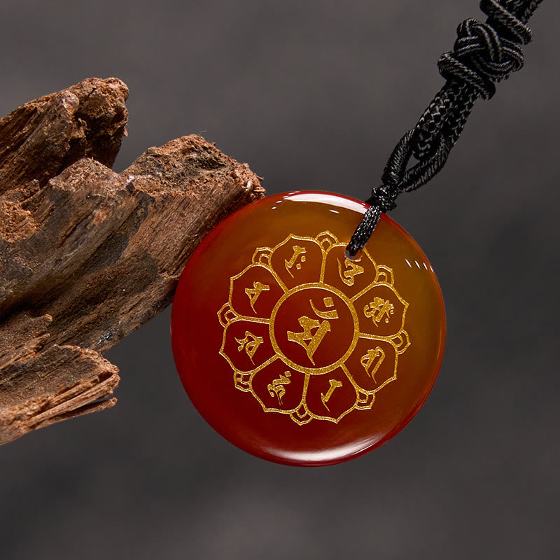 BWOOOH Om Mani Padme Hum Natural Crystal Black Obsidian Strength Necklace Pendant