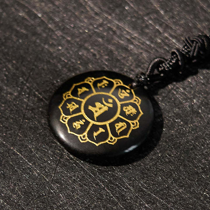 BWOOOH Om Mani Padme Hum Natural Crystal Black Obsidian Strength Necklace Pendant